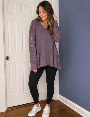 Knox Rose Heathered Purple Floral Embroidered Hooded Tunic Sweatshirt